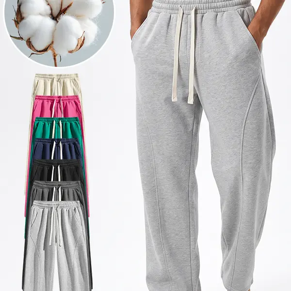 Men's Straight-Leg Cotton Comfy Pants, Elastic Drawstring Waist, Stretch Wrinkle-Resistant Ankle-Length Streetwear Trousers, Machine Washable Men's Clothing for Daily Wear, Light Heather Gray Oversize Baggy