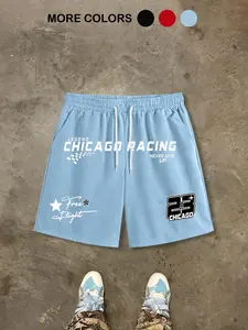 Men's Casual Sporty Woven Shorts, Elastic Waistband, Lightweight Breathable Racing Pattern Print, Loose-Fitting, Plain Style