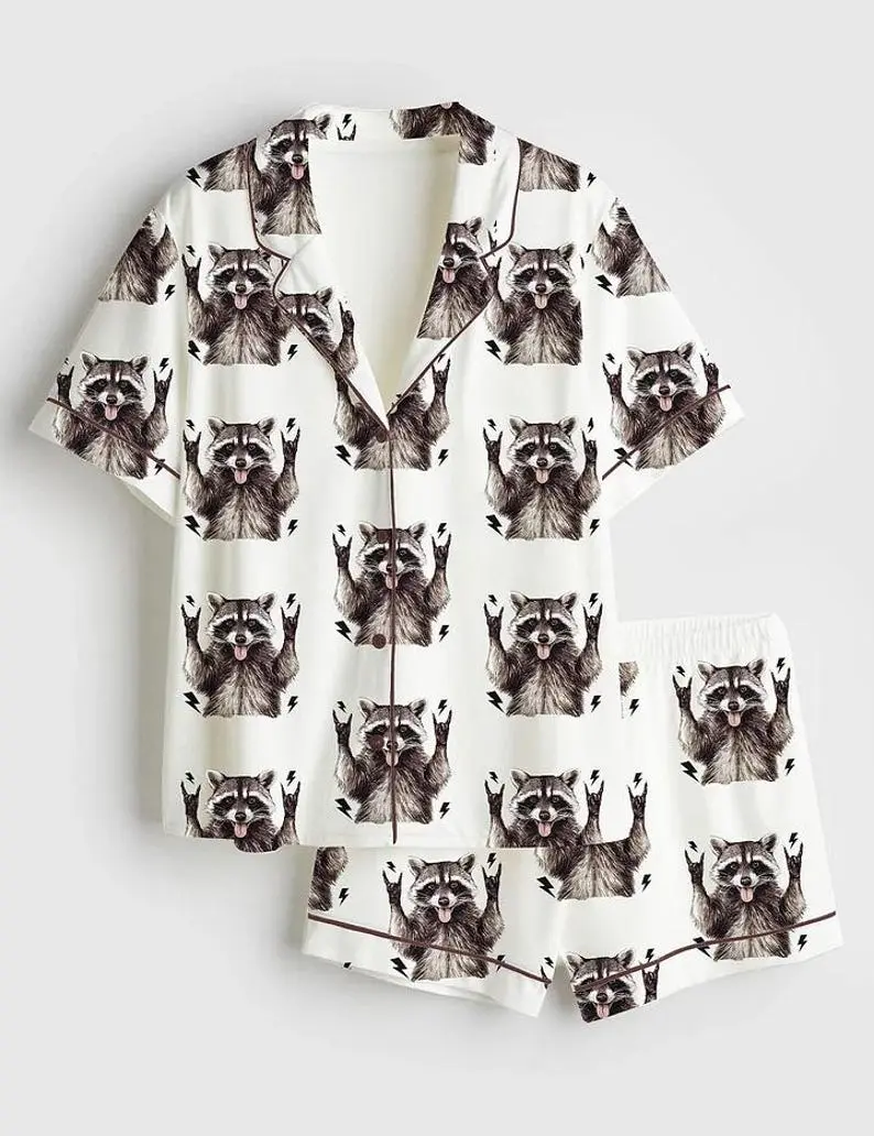 Women's Feral Raccoon Satin Short-Sleeve Pajama Set, Silky Funny Animal Print Sleepwear, Trashy Unhinged Raccoon Gift Loungewear