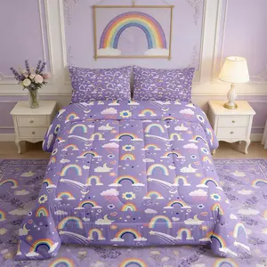 Girl Rainbow Comforter Set,Cute Cloud Flower Moon Bedding Set,Cartoon Purple Down Comforter for All Season,Kids Boy Room Decor,Lightweight Duvet Insert