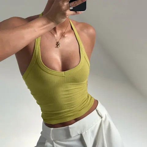 Women's Ribbed Mock Neck Backless Bodycon Crop Tank Top - Lady, A Type, U-Neck Women's Tanks & Camis, Lightweight Basic, Elegant Chic Sleeveless, Ideal for Summer Casual, Thanksgiving
