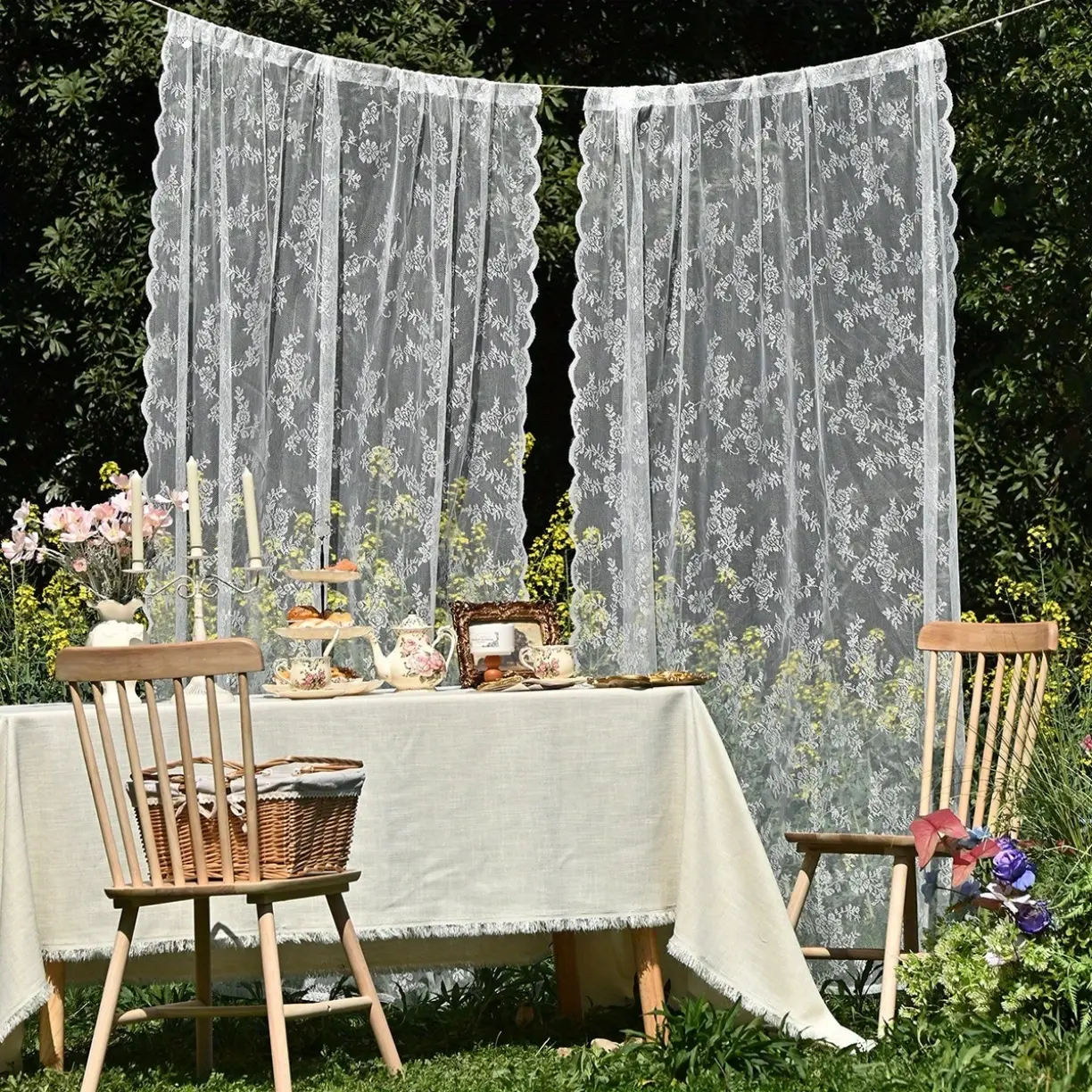 2pc Home Decorative Semi-Sheer Polyester Curtains - Solid-Color Drapes with Wave-Shaped Lace Trim, Vintage Floral Garden-Style Embroidery for Bedroom Decor, Curtains Floral