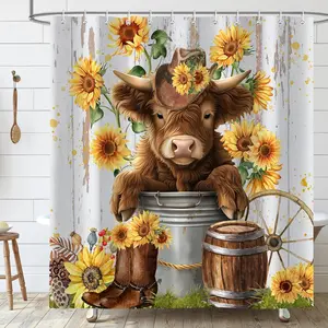 Cute Highland Cow Shower Curtain for Bathroom, Farmhouse Rustic Cow Sunflower Western Bathroom Decor Set, Funny Cattle in Bucket Waterproof Fabric Bath Curtains with 12 Hooks