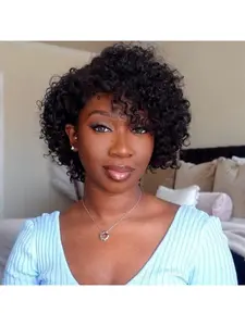 Human Hair Wigs for Black Women Curly Pixie Headband Human Hair Wigs Put on and Go Glueless Wig Natural Black 8 Inch
