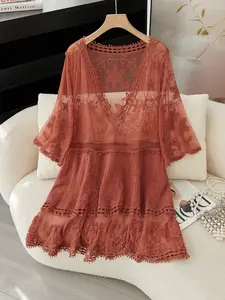 Boho Style V Neck Lace Embroidered Sun Protection Swimsuit Cover-Up, Sexy Bikini Swimwear Beach Hoodie for Women, Casual Loose Fit