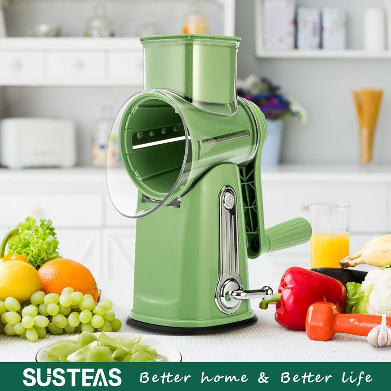 SUSTEAS Rotary Food Grater with Handle, Comes with 5 Well-Designed Blades and Strong Suction Cup Base, Comes with 1 Blade Storage Box Kitchen Vegetable Cutting Slicer Vegetable Cutter Utensils Green