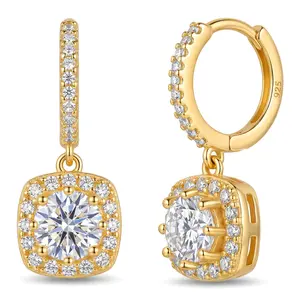 Square Halo Drop Huggie Hoop Earrings For Women 18K Gold Plated 925 Sterling Silver 5A Grade Zircon Tarnish Proof Dainty Trendy Bling Jewelry Accessories Unique Daily Wear Stylish Gift