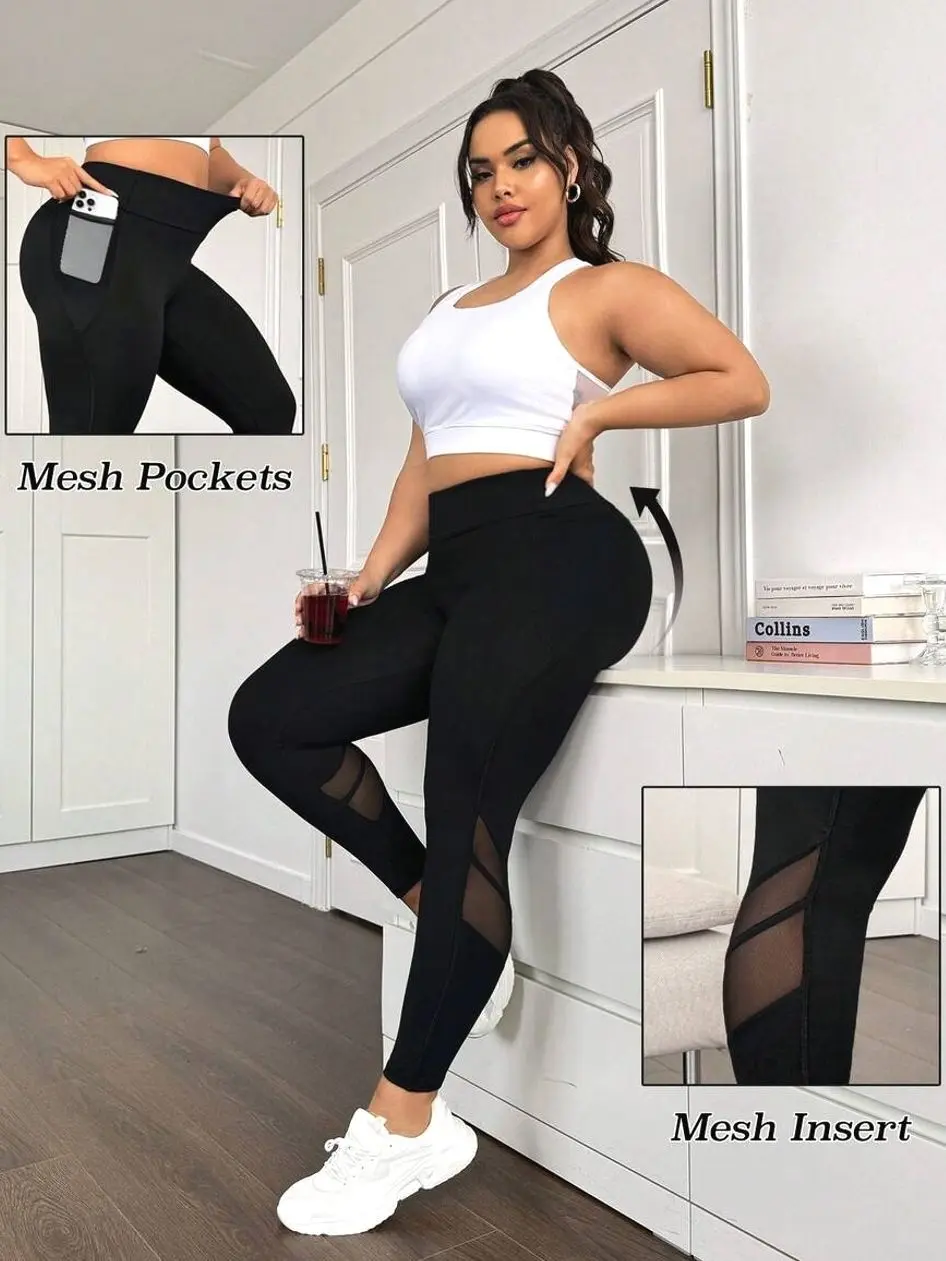 Plus Size Mesh Contrast High Waist Tummy Control Hip Lifting Side Pocket Athletic Leggings Yoga Women Pants Black Skinny Fit All Seasons