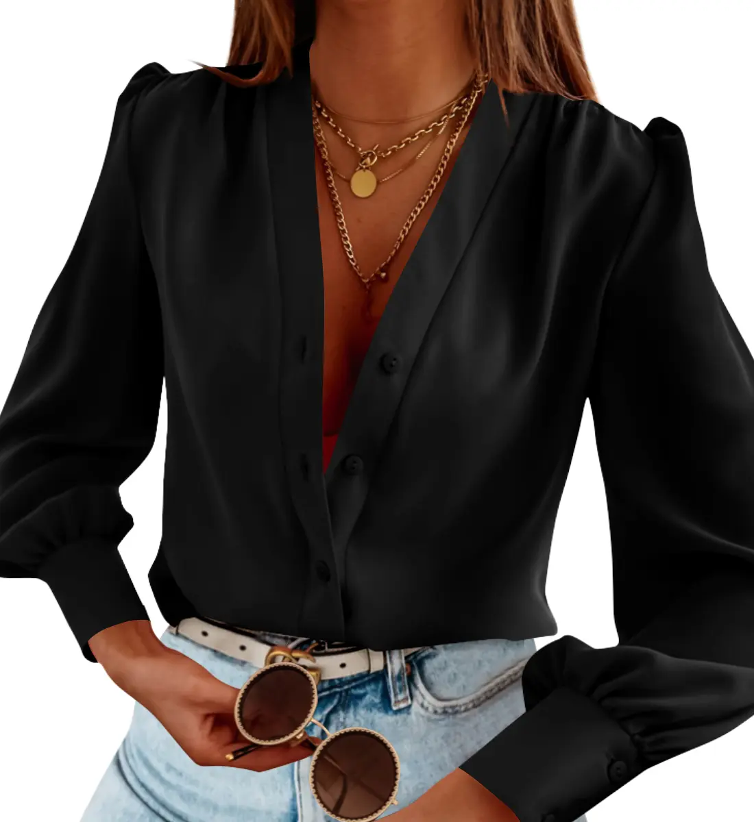 Women's Elegant Velvet Tunic Blouse, Long Sleeve Button-Down Shirt with Pockets for Work and Travel Clothes, Blouses