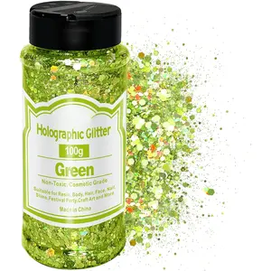 Green Glitter, 100g/3.5oz Holographic Chunky Glitter Mixed Hexagon Chunky & Fine Flakes Iridescent Sequins for Epoxy Crafts, ,  , Tumblers, Party Decoration