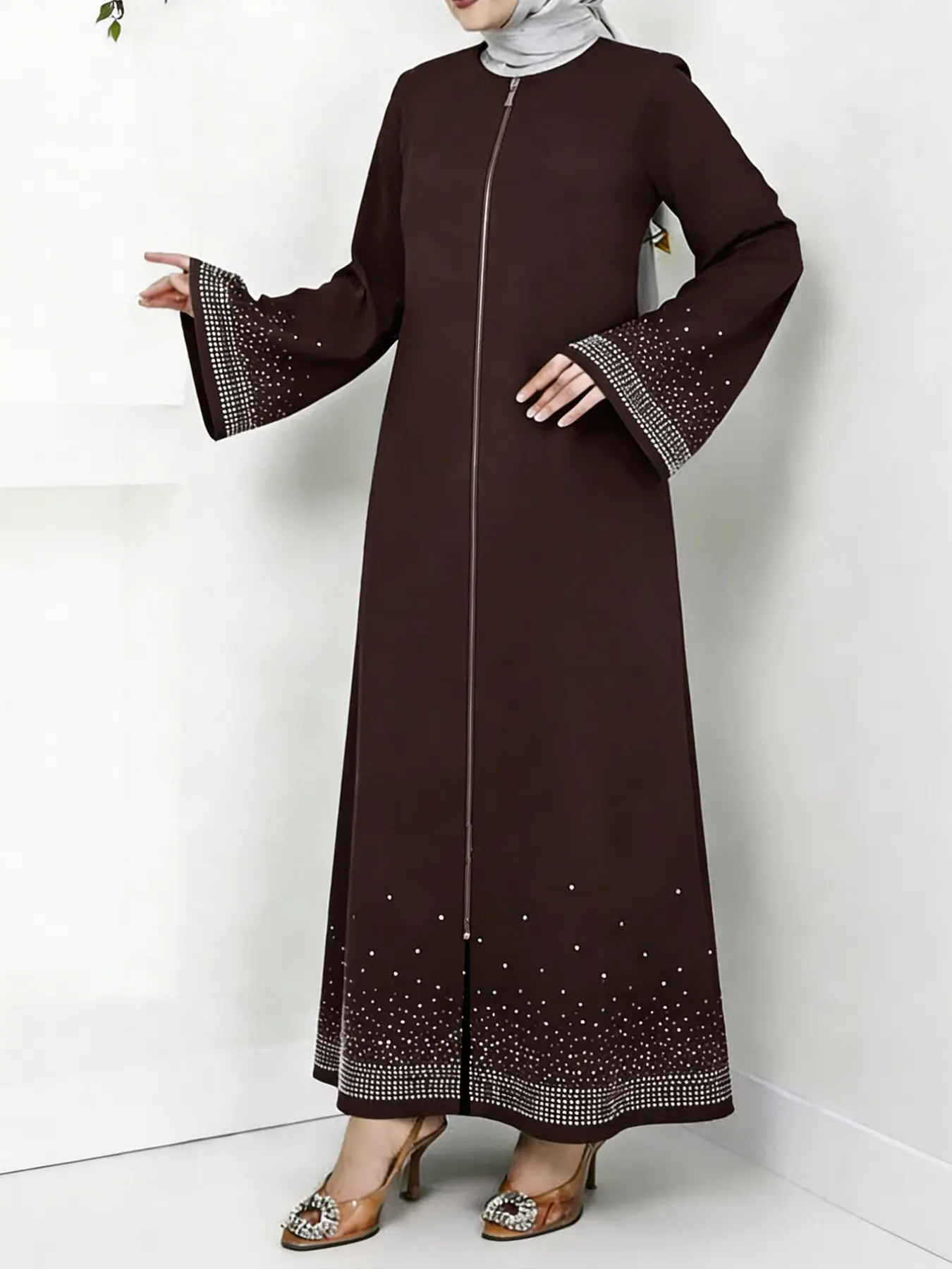 Middle Eastern Fashion Women's Starry Rhinestone Long Sleeve Loose Elegant Dress For Muslim, All Seasons Fitted Plain Modest Style Dress Islamic Modesty Clothes, Modest Islamic Clothing