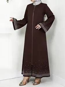 Middle Eastern Fashion Women's Starry Rhinestone Long Sleeve Loose Elegant Dress For Muslim, All Seasons Fitted Plain Modest Style Dress Islamic Modesty Clothes, Modest Islamic Clothing