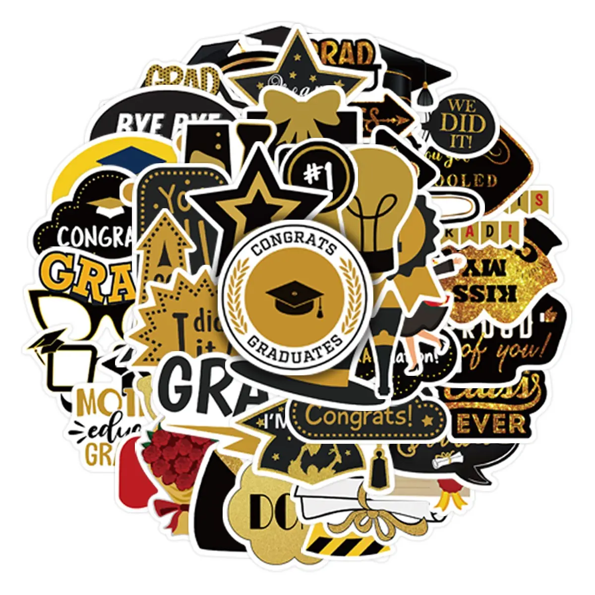 52pcs Graduation Black & Gold Stickers Pack, Waterproof Graduation Celebration Grad Cap & Congrats Quote Decals for Laptop, Water Bottle, Journal & Scrapbook, Graduate Gift, Stickers For Scrapbooking