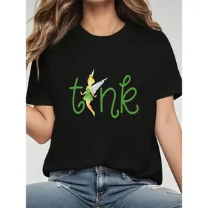 Women's Tinker Graphic T-Shirt Black Casual Round Neck Short Sleeve Spring Summer Fashion Top with Green White Cartoon Design Playful Comfortable Fit Women T Shirts Graphic Tees Summer Tops
