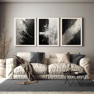 Silver Minimalist Abstract Paint Strokes Print, Set of 3, Black and White Bedroom Wall Art, Noir Wall Decor, Modern Wall Art #212