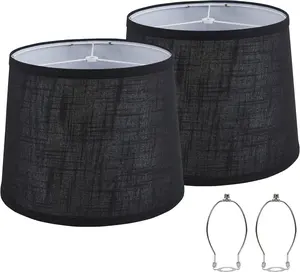Set of 2 Black Replacement Bedside Lamp Shades, Medium Fabric Drum Lampshades 13" Top x 11" Bottom x 10" High with Harp Holder Included