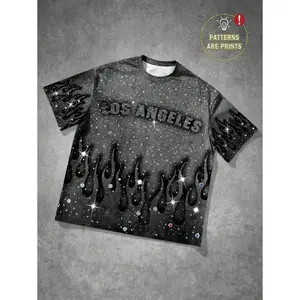 (Gold promotion)Manfinity Streetrush Men's Casual Loose Fit Round Neck Short Sleeve T-Shirt, Daily Wear For Summer Glitter Tshirt Rhinestone Shirt Flame Tshirt Los Angeles T Shirt
