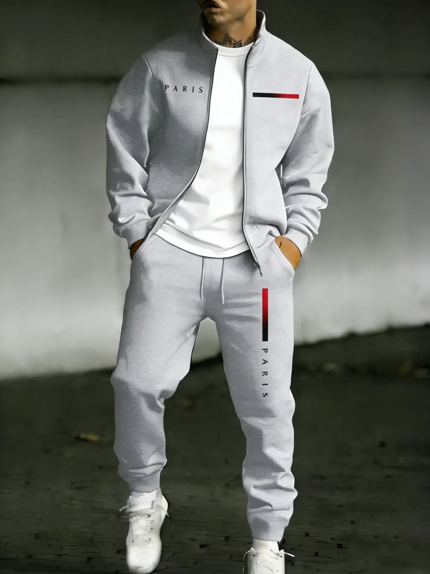 Male Long Sleeve 2-Piece Streetwear Tracksuit, Zip-Up Jacket with PARIS Letter Print, Loose-Fitting Casual Fit Jogger Pants, Machine Washable, 2-Piece Set, Normal Type