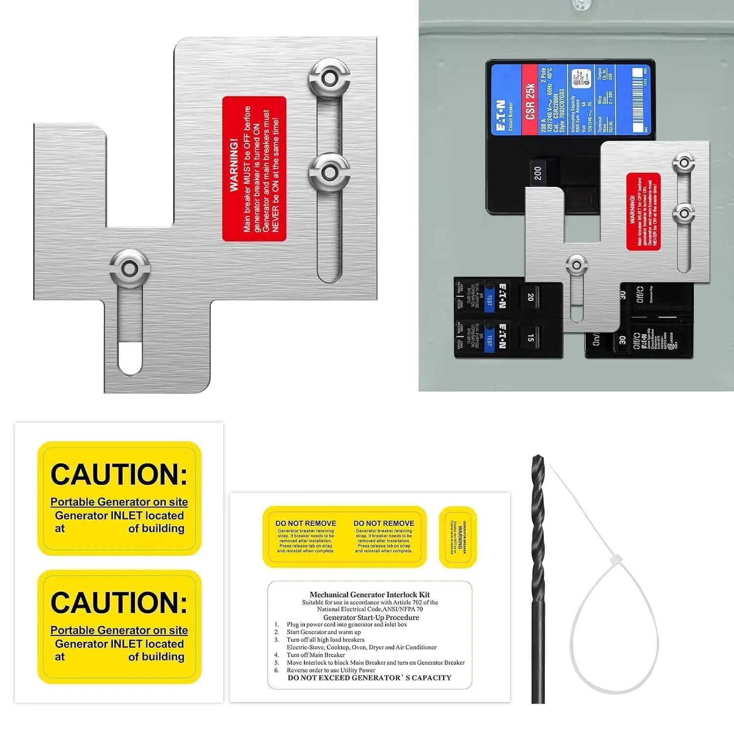 Generator Interlock Kit Compatible with  Cutler Hammer BR Series 150 and 200 Amp Panels, Generator Horizontal Electrical Interlock Kit, 1 7/16-1 1/4 Inches Spacing Between Main and N Breaker