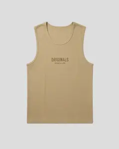 Brooklyn Cloth Originals Ribbed Tank, Relaxed Fit Sleeveless U Neck Ribbed Tank Top with Dropped Armhole Design and Center Chest Logo, Biscuit, Small to Large