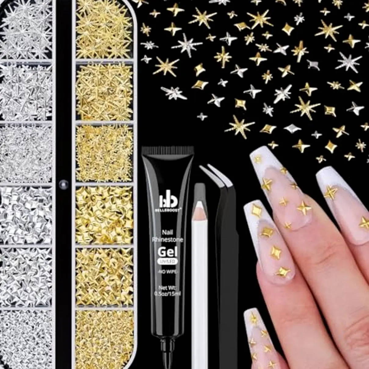 Gold & Silver Stars with Tweezers, Pickup Pencil and Glue