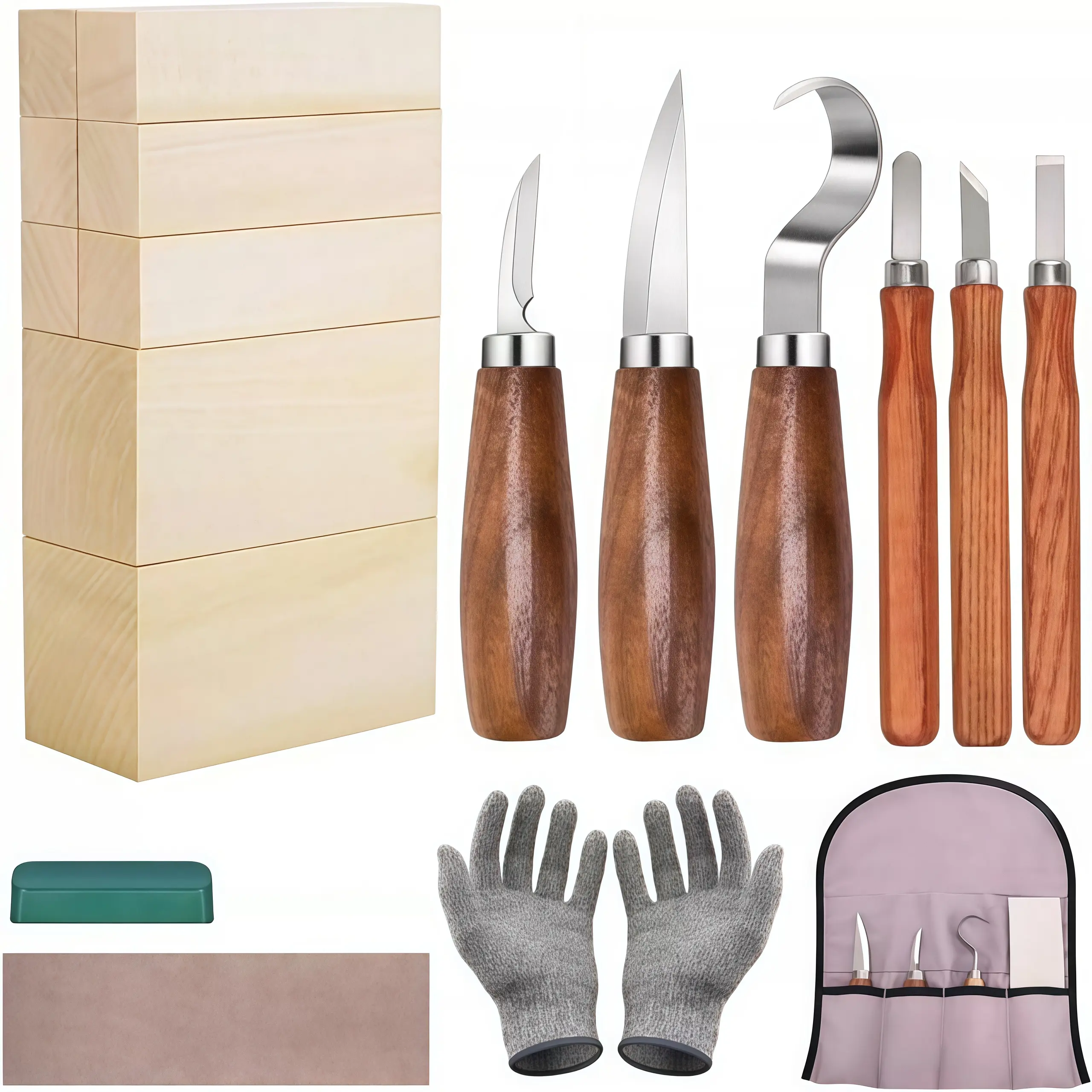 18-Piece Beginner-Friendly DIY Woodworking Carving Kit - 3 Chisels, Wood Chipper, Scraper, Round Spoon Knife, Walnut-Handled Knife, Protective Gloves, Storage Case for Woodworking Projects