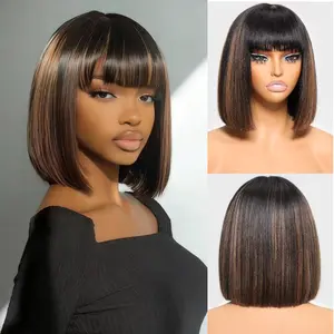 10 Inch Short Bob Wig with Bangs Human Hair Brown Highlight Wig 180 Density Wear and Go Glueless Wigs for Women