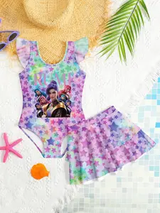 Women's Rainbow Starry Sky Printed One-Piece Swimsuit & Sequined Cover-Up Set, Slim Fit Boho Style Beachwear, All-Over Print Design