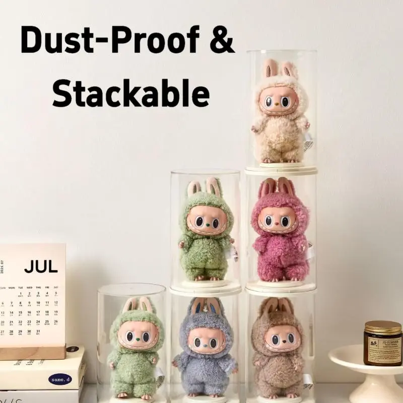 UFORU Modern Transparent Acrylic Dust-Proof Display Case for Labubu Collectible Figurines, 7.5" h x 4.4", Stackable Storage Box with Stand, 360° Unobstructed View, Ideal for Bedroom & Desktop Home Organization