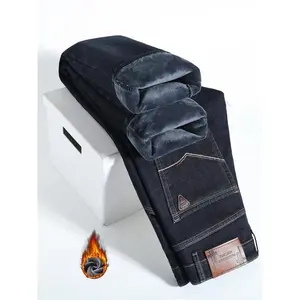 Men's Fleece Lined Denim Jeans, Loose Straight Leg Long Pants, Warm Cotton Elastic Business Style, Fall Winter Fashion