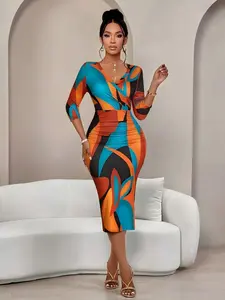 Women's Fashion Wave Print Cross Body Seven-Quarter Sleeve V Neck Ruched Tight Dress, Chic Elegant All Seasons Clothing