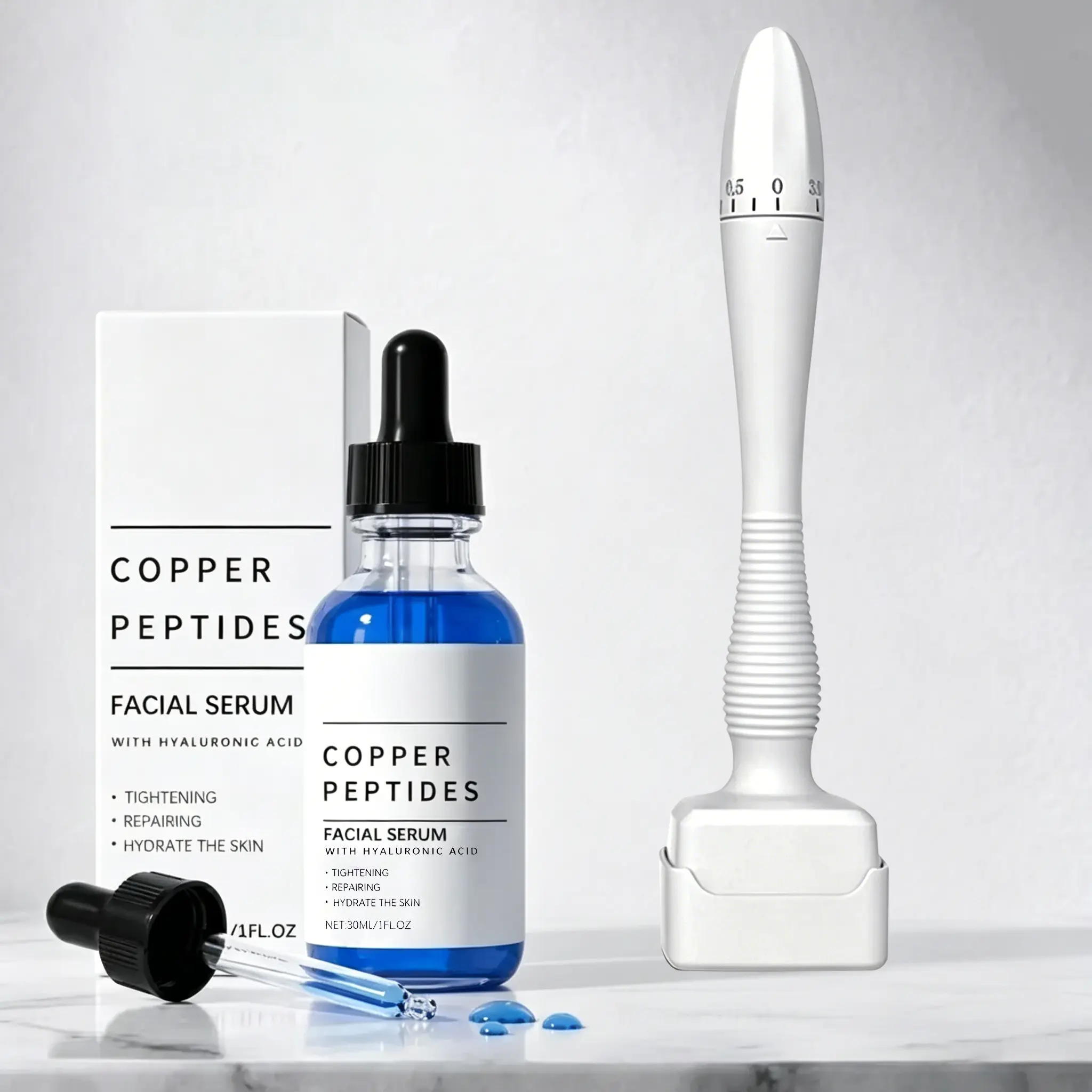 Ergonomic 0.25mm Titanium Facial Beauty Stamp Tool Set Pack with 30ml GHK-Cu Copper Peptide Serum, Hyaluronic Acid, Fragrance-Free Gentle Daily Glossy Lightweight Hydrator for Beginners - Tightens Skin, Youthful Complexion Face Care Product