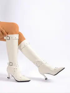 Women's Fashion Knee-High Pointed Toe Leather Boots, Comfortable Western Cowboy Style High Heels, British Casual Riding Boots