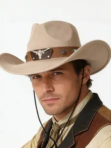 Vintage Western Classic Style Cowboy Hat with Bull Head Decoration, Men's Fitted Wool Blend Fedora, Casual All Seasons Cap