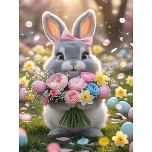 1pc, 5D Easter Bunny Holding Flowers Diamond Painting Cartoon Animal Handmade Decorative Art Gift Rhinestone Painting Unframed Handmade Gifts