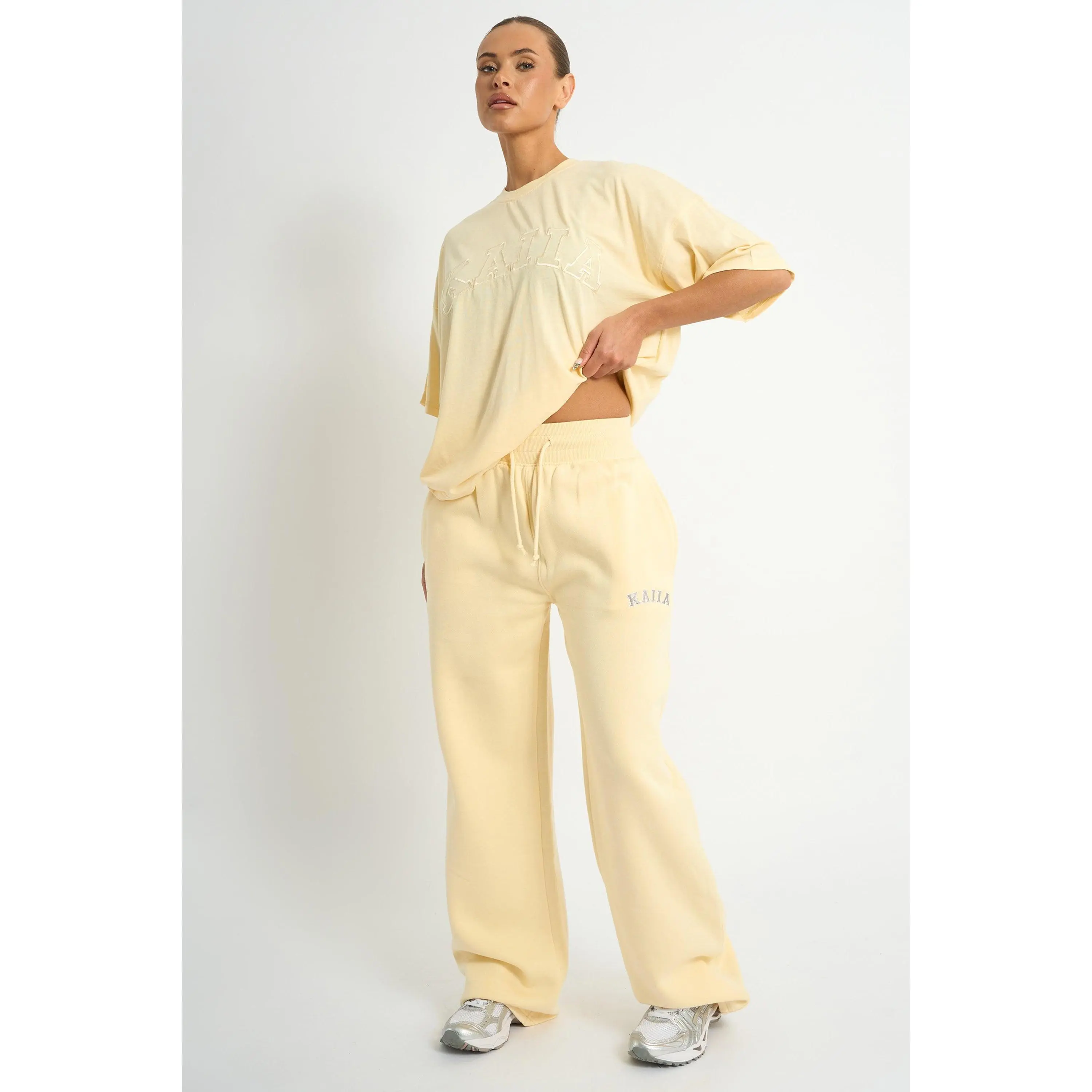 Kaiia Ribbed Waistband Wide Leg Joggers Soft Yellow