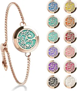 Ttstar Essential Oil Diffuser Bracelet Rose Gold Stainless Steel Aromatherapy Locket Adjustable with 12 Assorted Colors Refill Pads for Women Gifts Set