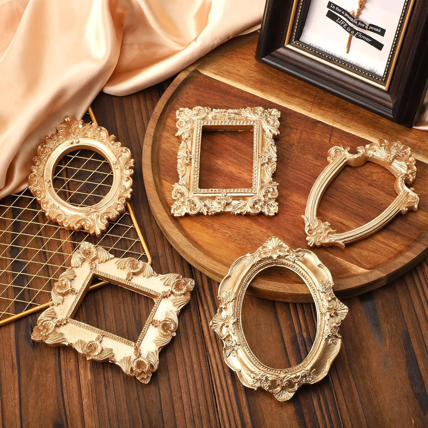 5Pcs Metallic Vintage Resin Picture Frames Set - Silver/Gold Floral Baroque Decorative Mini Frames, Home Improvement Wall Trim Accessory for Home Decor, Jewelry Display, Prop Use