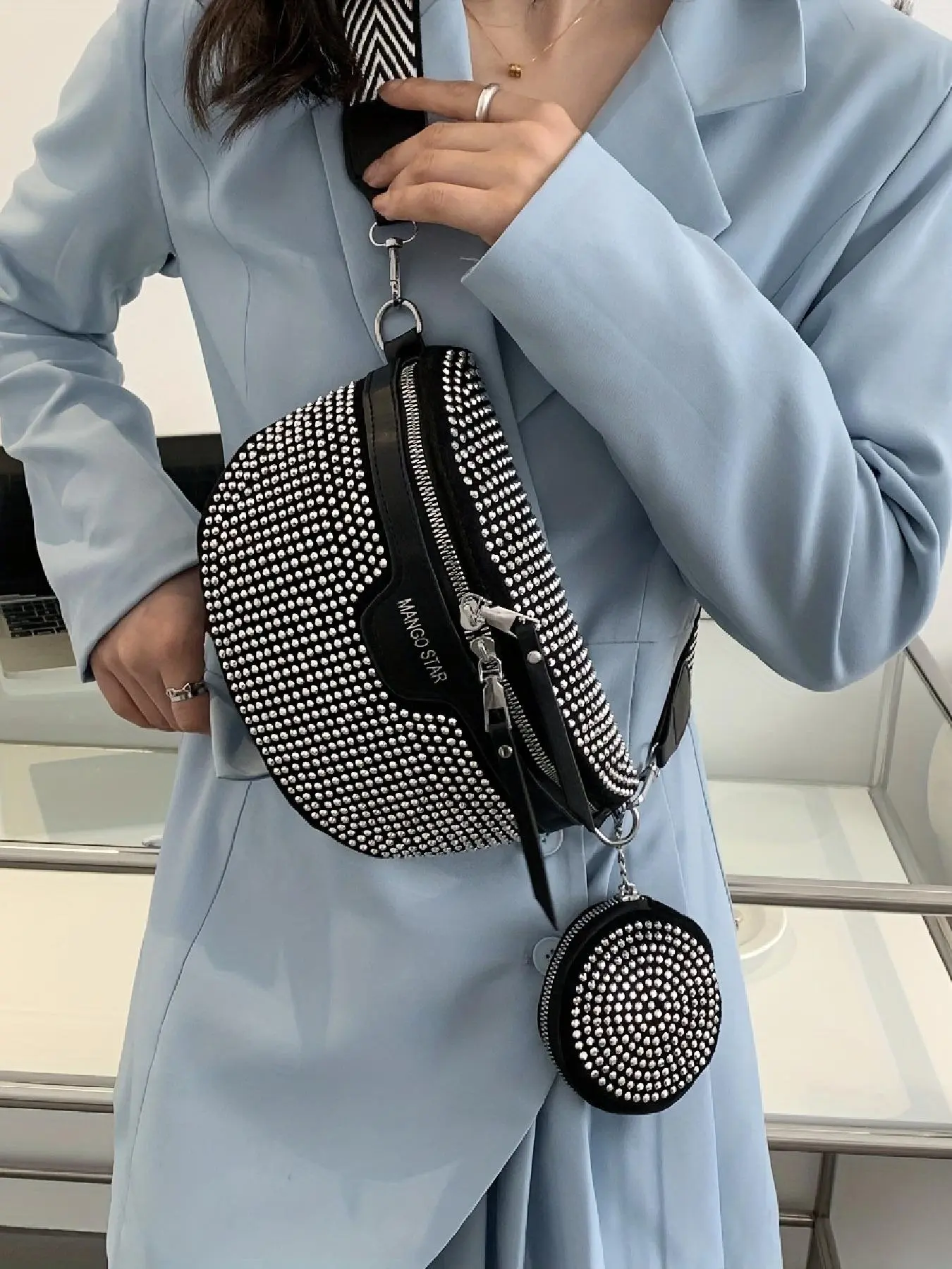 Women's retro fashion crystal-embellished chest bag set, classic casual everyday crossbody shoulder bag waist bag coin purse Zipper Belt Bag Zipper Fanny Pack Crossbody Belt Bags