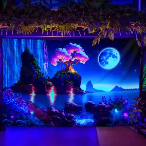 1pc Waterfall, Tree, Lake, Moon, Scenery UV Black Light Tapestry, Large Size Peach Skin Fluorescent Tapestry, Bedroom Aesthetic Hanging Tapestry For Party Festival, Bedroom Office Living Room Home Decor, Wall Decoration With Free Accessories