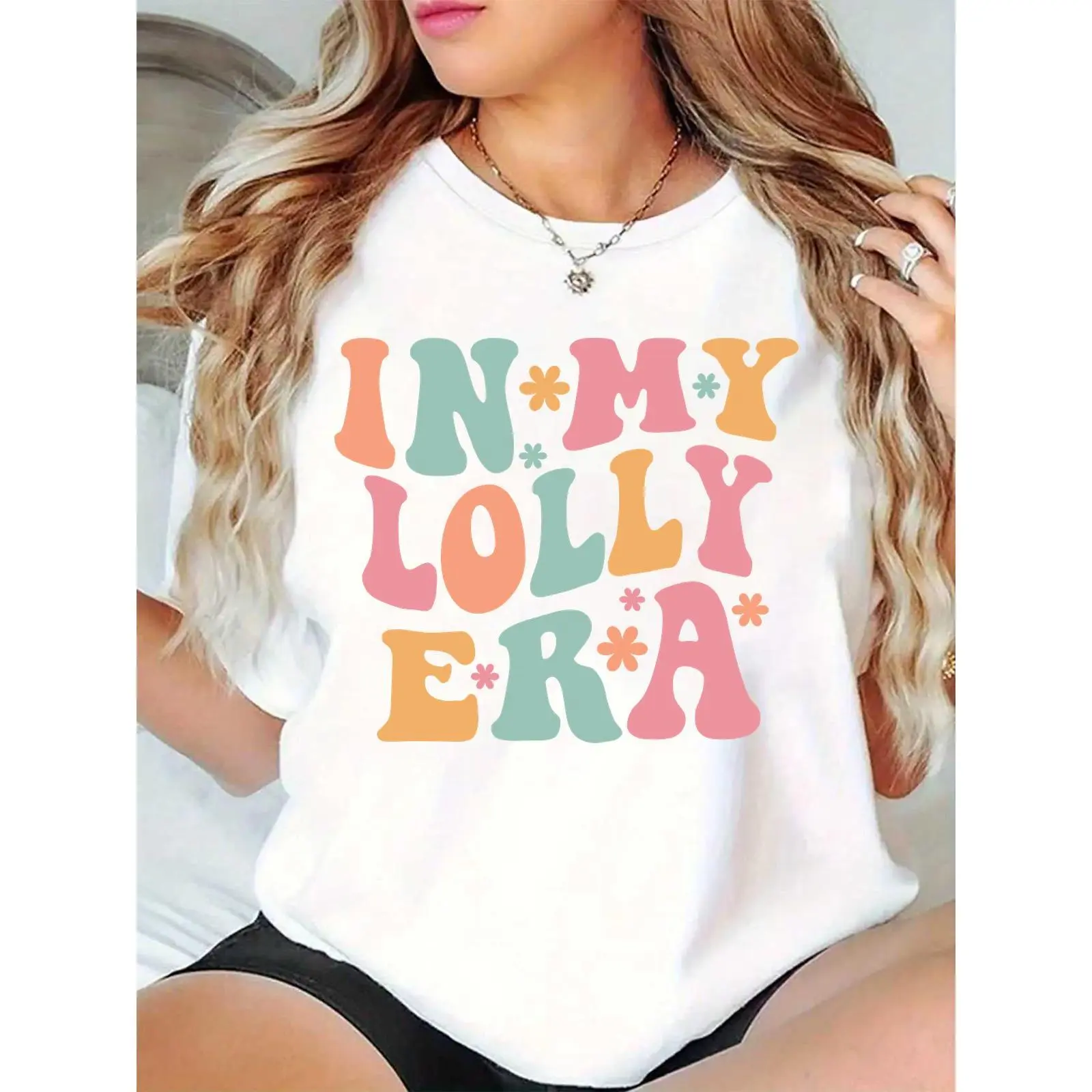 Women's "IN MY LOLLY ERA" Colorful Floral Print Casual T-Shirt, Trendy Summer Daily Party Tee for Lolly Lovers, Soft Loose Fit Top, Skirts, Day, Basic, Comfortable