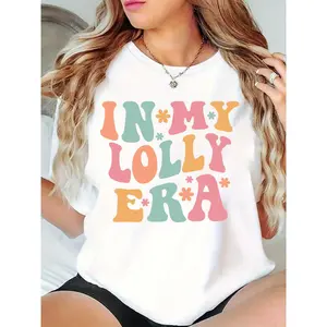 Women's "IN MY LOLLY ERA" Colorful Floral Print Casual T-Shirt, Trendy Summer Daily Party Tee for Lolly Lovers, Soft Loose Fit Top