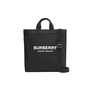 Burberry Logo-Print Tote Bag with Leather Trim, Adjustable Strap, Unisex Small Black