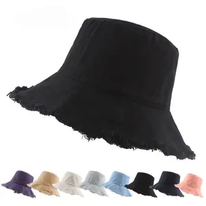 Frayed Bucket Hats for Women Men Unisex Trendy Washed Cotton Floppy Wide Brim Boonie Outdoor Summer Beach Headwear