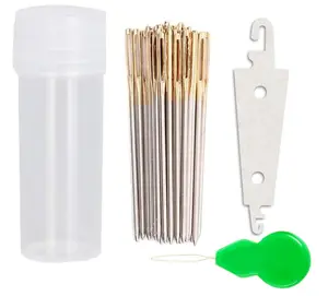 104 Pcs Include 100 Pcs Cross Stitch Needles +2 Needle Threader Golden Color Large Eyes Cross Stitch DIY Embroidery Hand Needles Sewing Needles in Transparent Box