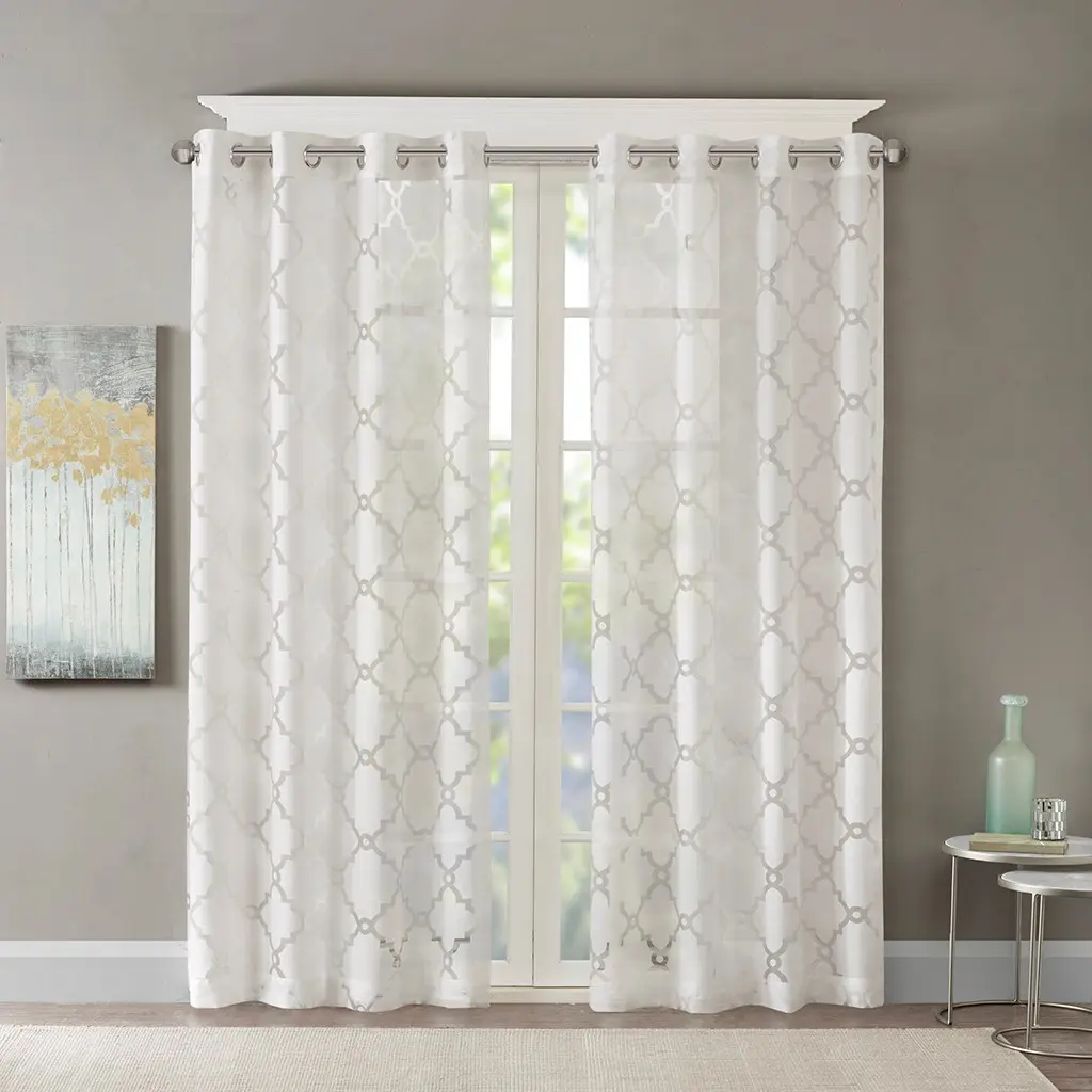 Fretwork Burnout Sheer Curtain Panel, Single Piece, 50"W x 84"L, White Polyester, Grommet Top, Light Filtering, Layering Window Treatment for Living Room, Bedroom, Bathroom