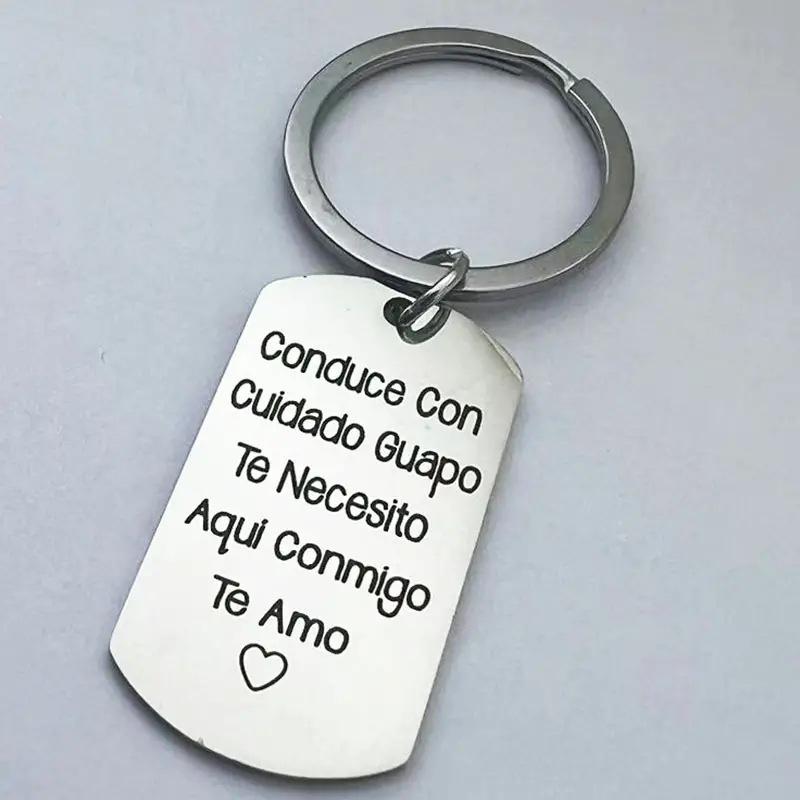 Spanish Stainless Steel Keychain,Conduce Con Cuidado Guapo Letter Pattern Metal Keychain Gift for Men Dad,Father,Husband