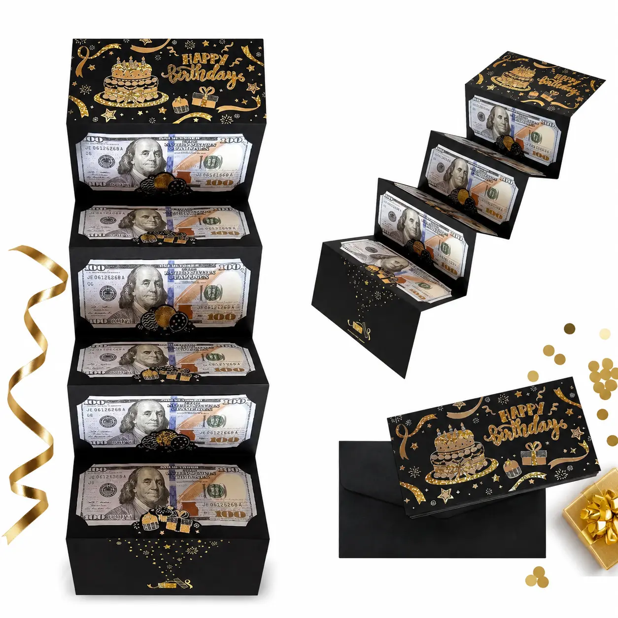Birthday Money Envelope for Cash Gifts, Surprise Cash Envelope Money Holder | Birthday Money Envelope for Men Women Girls Boys, Black Gold Birthday Money Gifts