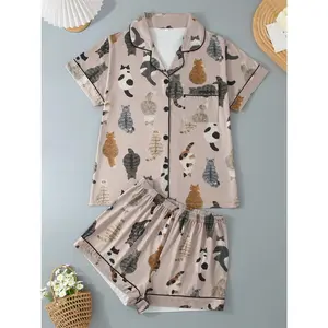 2 - piece pajama set: Short - sleeved lapel shirt with kitten patterns and button - front opening, paired with loose, stretchy s 5XSL