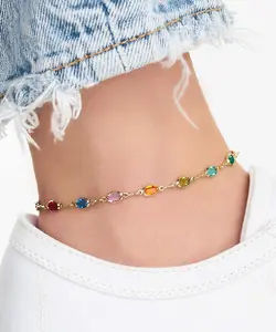 Barzel 18K Gold Plated Multi Color Crystal Baguette Anklet for Women, 10 Inches, Made in Brazil